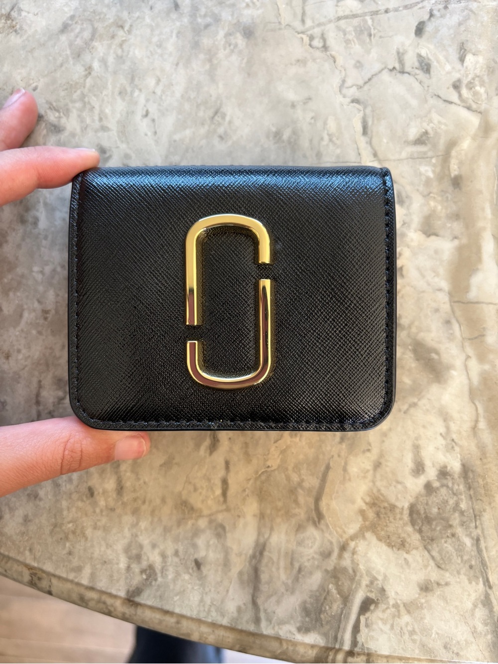 Marc Jacobs Black Leather Compact Wallet with Gold Double-J